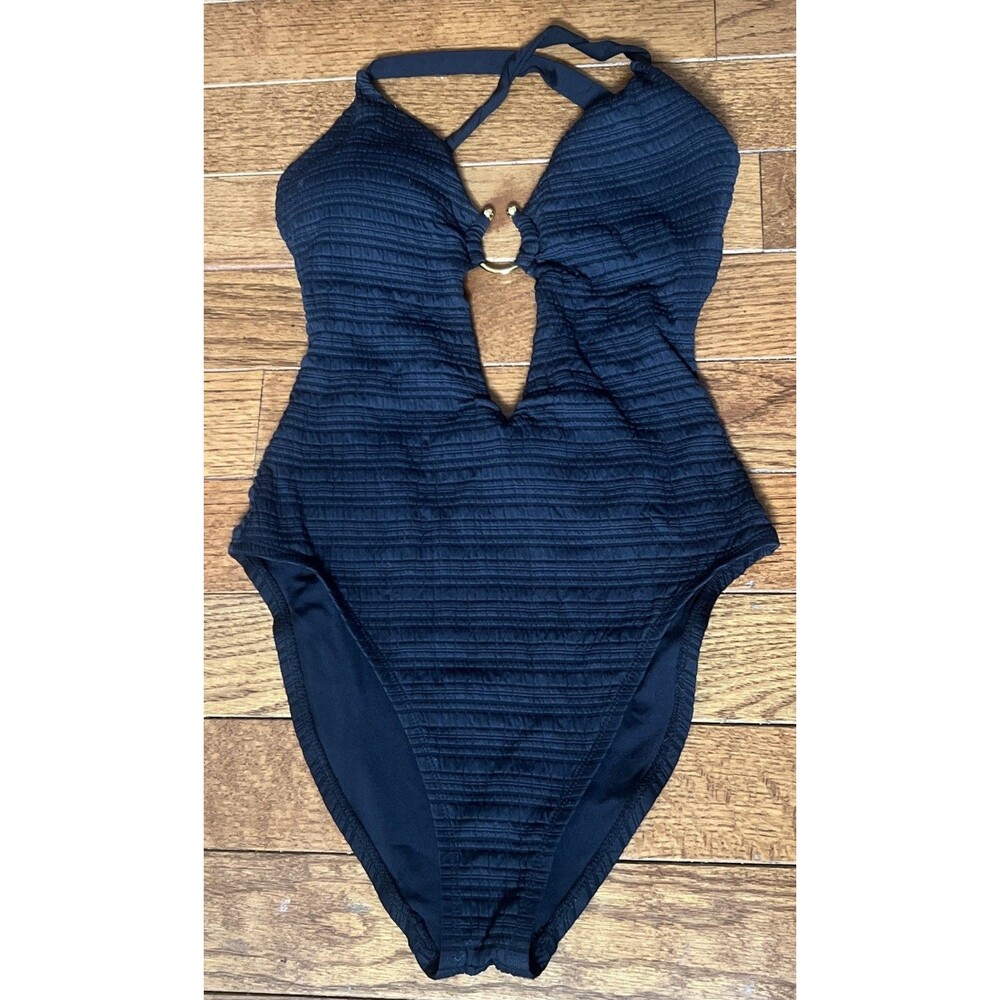 BECCA Black One Piece Swimsuit Smocked Crinkle Monokini Keyhole U-Ring Cutout M